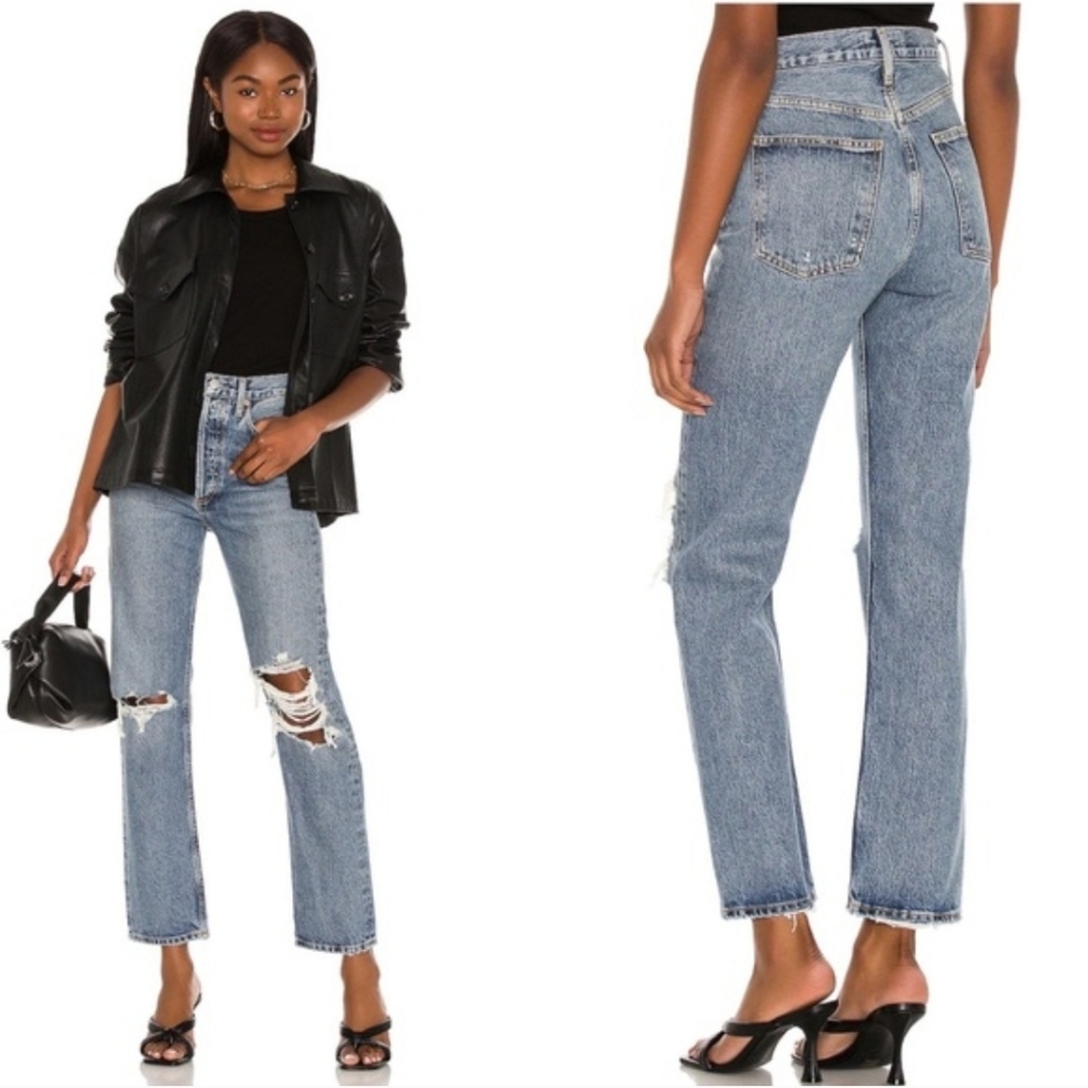 Agolde Light Wash Straight Leg Ripped Jeans